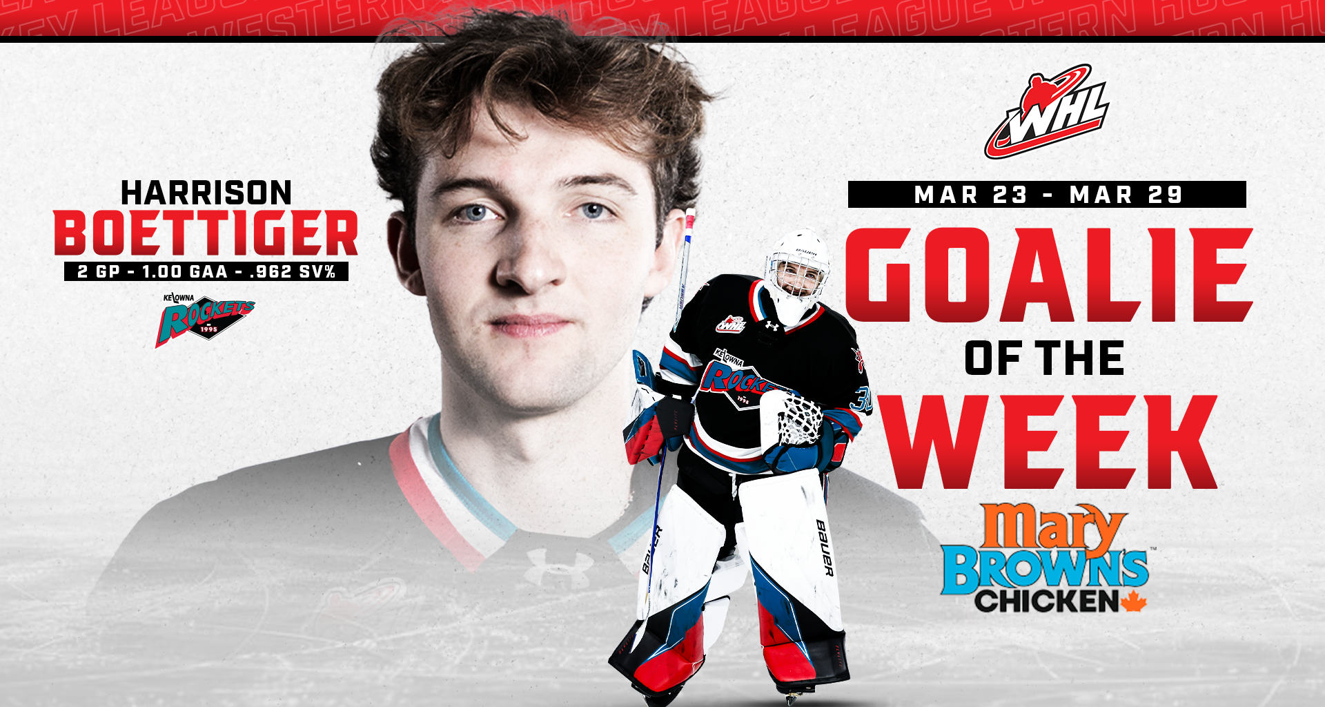 2026 NHL Draft-eligible netminder Boettiger named Mary Brown's Chicken WHL Goaltender of the Week