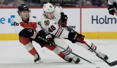 Flyers # 46 Trevor Zegras pokes the puck from Chicago’s # 46 Louis Crevier during the Chicago Blackhawks vs. Philadelphia Flyers NHL game at Xfinity Mobile Arena in Philadelphia on Thursday, March 26, 2026.
