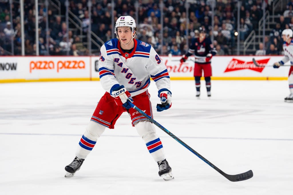 Gabe Perreault is pictured during the Rangers’ March 2 game in Winnipeg. Getty Images