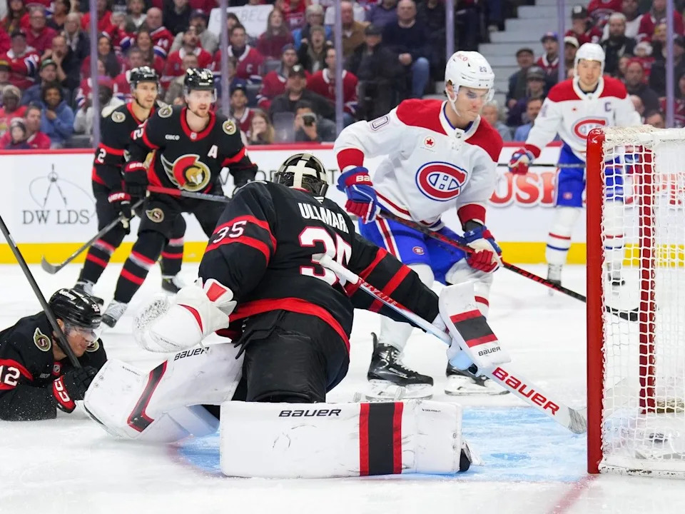  Juraj Slafkovsky of the Montreal Canadiens scores on Linus Ullmark of the Ottawa Senators in the first period at the Canadian Tire Centre on March 11, 2026.