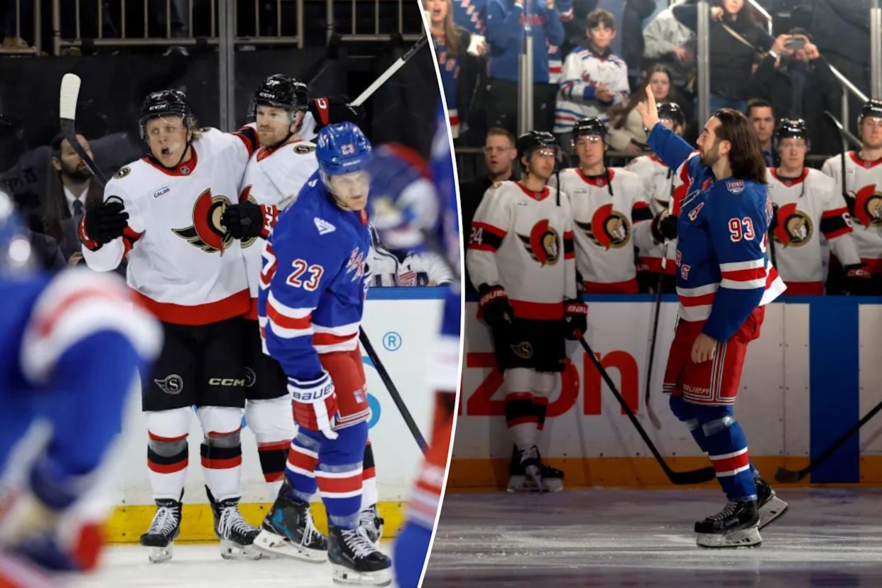 An image collage containing 2 images, Image 1 shows Ottawa Senators left wing Warren Foegele celebrates after scoring a goal, Image 2 shows New York Rangers player Mika Zibanejad waves to the fans after being honored for his 1000th career game