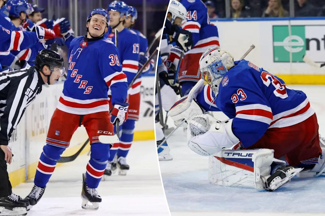 An image collage containing 2 images, Image 1 shows New York Rangers left wing Adam Sykora (38) celebrates his first career goal with teammates, Image 2 shows Dylan Garand #33 of the New York Rangers defends the net during the second period when the New York Rangers played the Winnipeg Jets Sunday, March 22, 2026 at Madison Square Garden in Manhattan, NY. 