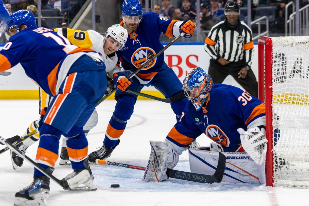 Ilya Sorokin #30 of the New York Islanders defends the net during the second period at UBS Arena, Monday, March 30, 2026, in Elmont, NY.
