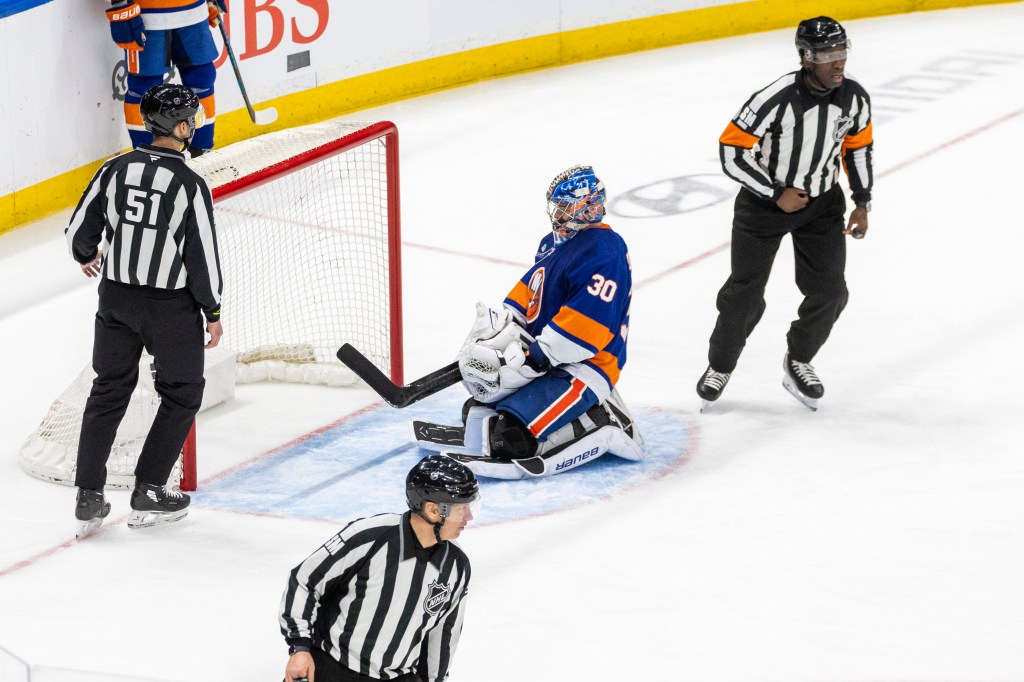 Goaltender Ilya Sorokin #30 of the New York Islanders reacts after allowing a goal during the third period at UBS Arena, Monday, March 30, 2026, in Elmont, NY. 