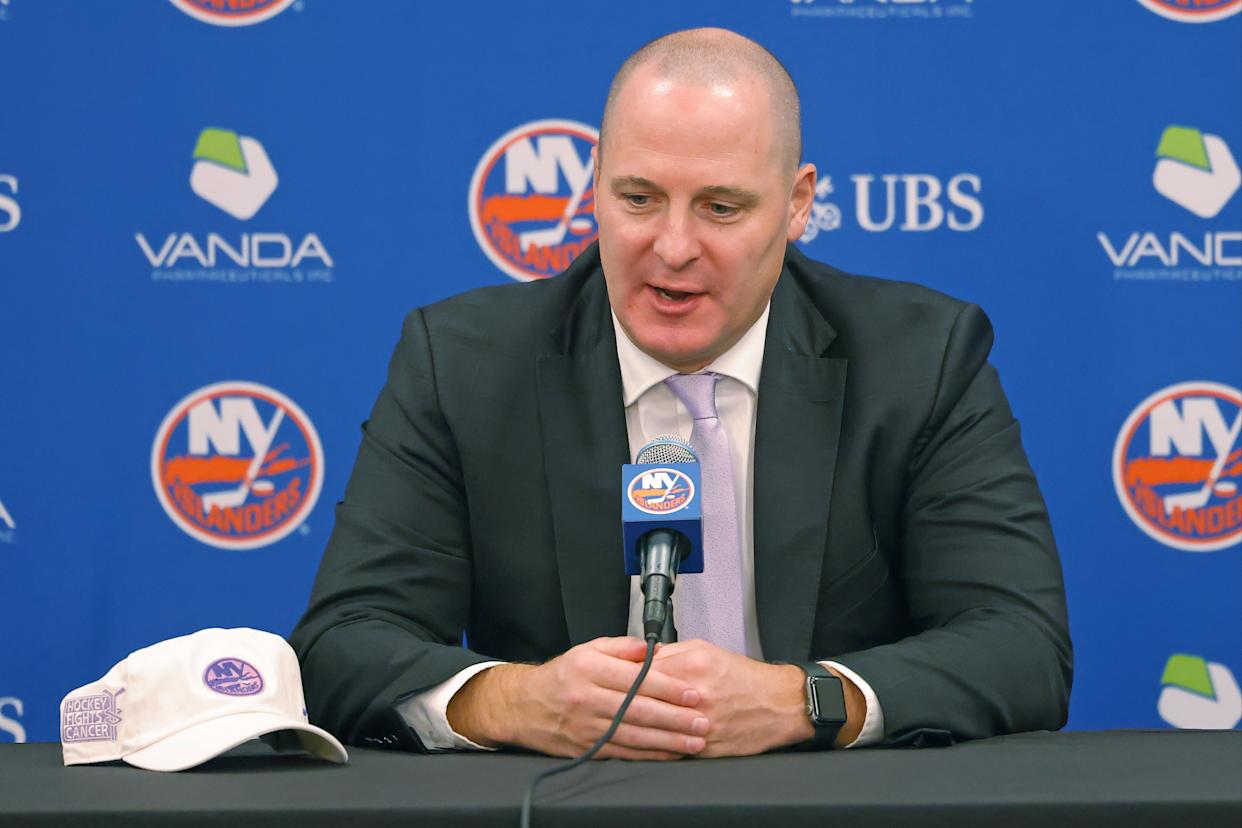 New York Islanders GM Mathieu Darche speaking at a press conference.