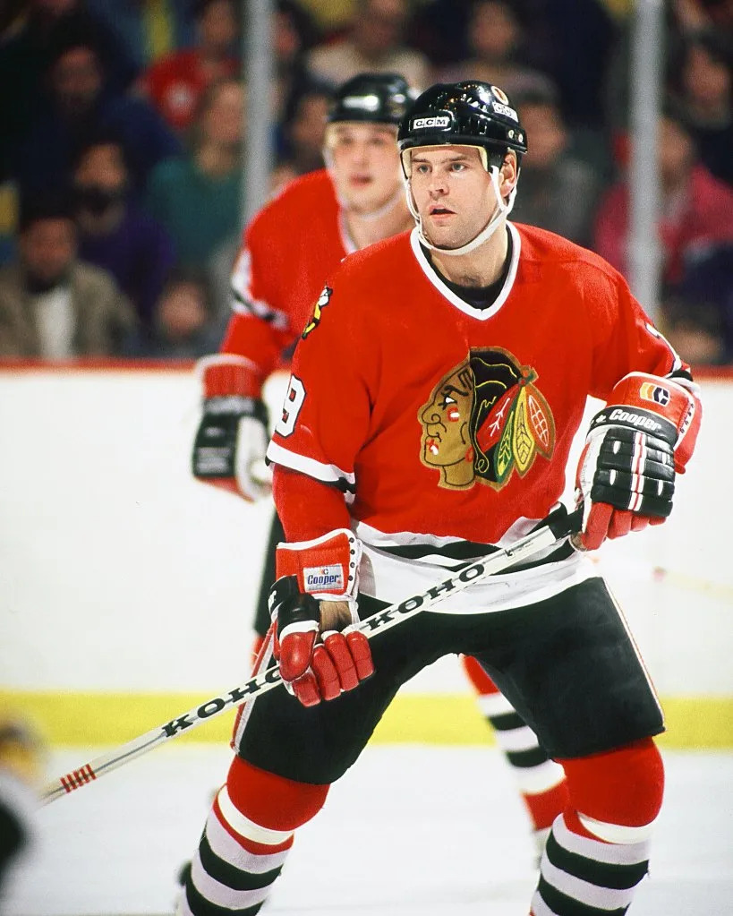 Troy Murray of the Chicago Black Hawks skates against the Boston Bruins at the Boston Garden in Boston. NHLI via Getty Images