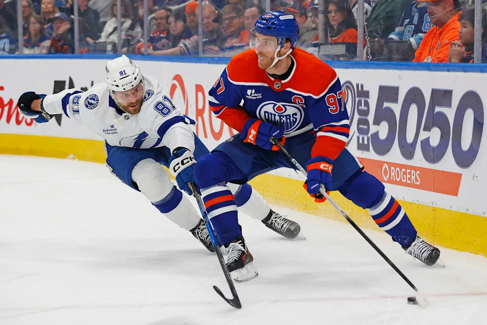 Edmonton Oilers forward Connor McDavid (97) looks to make a pass at Rogers Place.Perry Nelson-Imagn Images