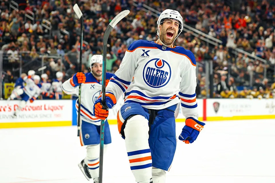Edmonton Oilers D Evan Bouchard (2) celebrates after scoring the game winning goal against the Vegas Golden Knights in overtime on Thursday, March 26, 2026, in Las Vegas, Nevada.