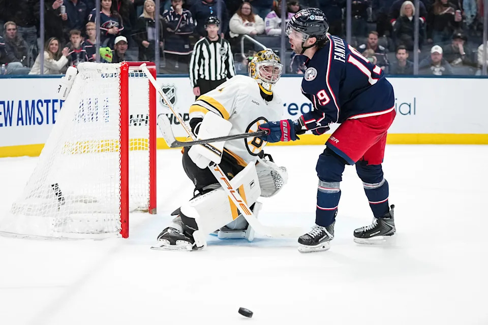 Columbus Blue Jackets center Adam Fantilli (19) reacts to a missed shot at Boston Bruins goaltender Jeremy Swayman (1) during the shootout of the NHL hockey game at Nationwide Arena on March 29, 2026. The Blue Jackets lost 4-3.