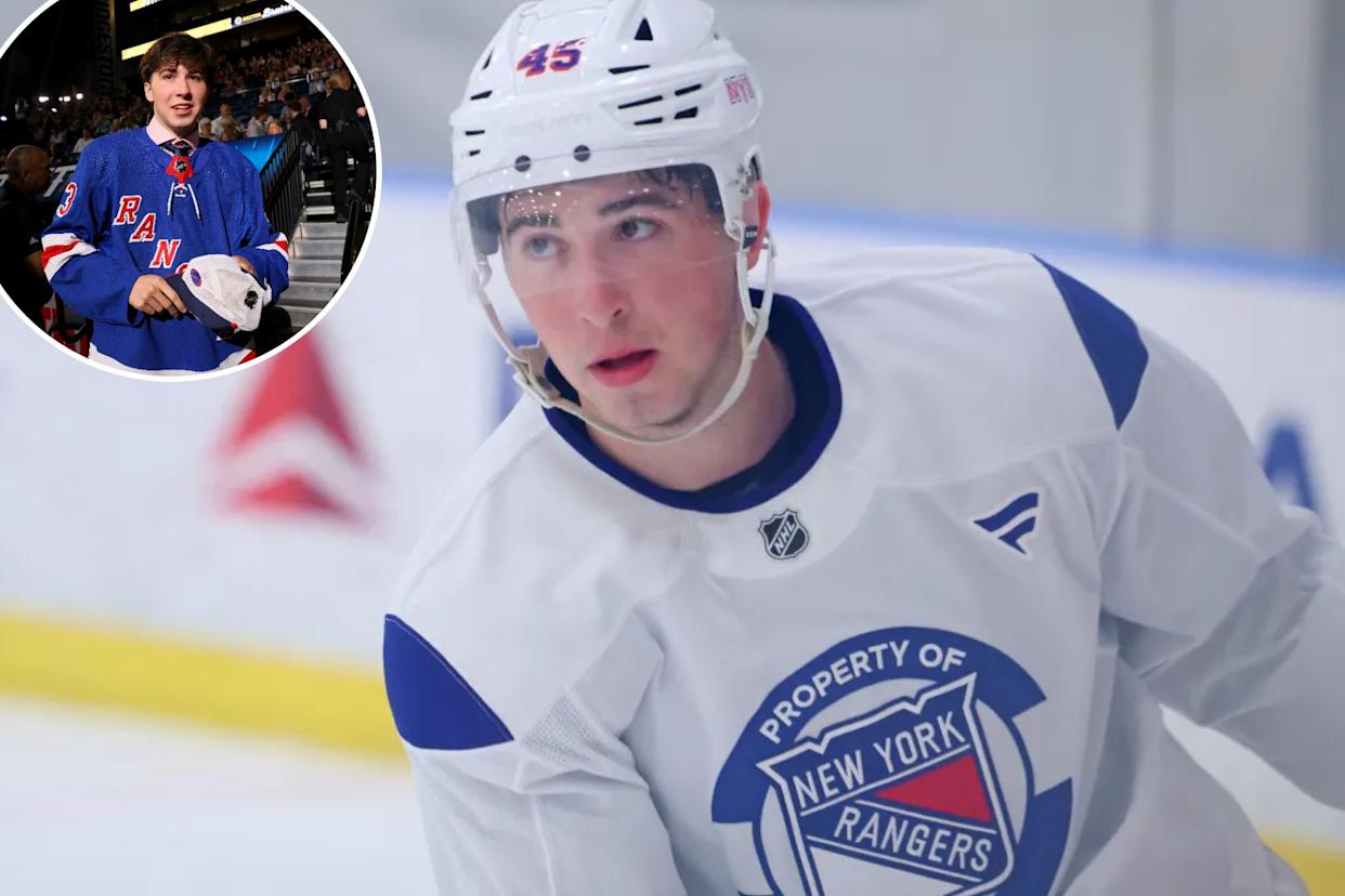 An image collage containing 2 images, Image 1 shows New York Rangers rookie Drew Fortescue in his training uniform at Madison Square Garden Training Center, Image 2 shows Drew Fortescue, wearing a New York Rangers jersey, celebrates after being selected 90th overall pick during the 2023 Upper Deck NHL Draft
