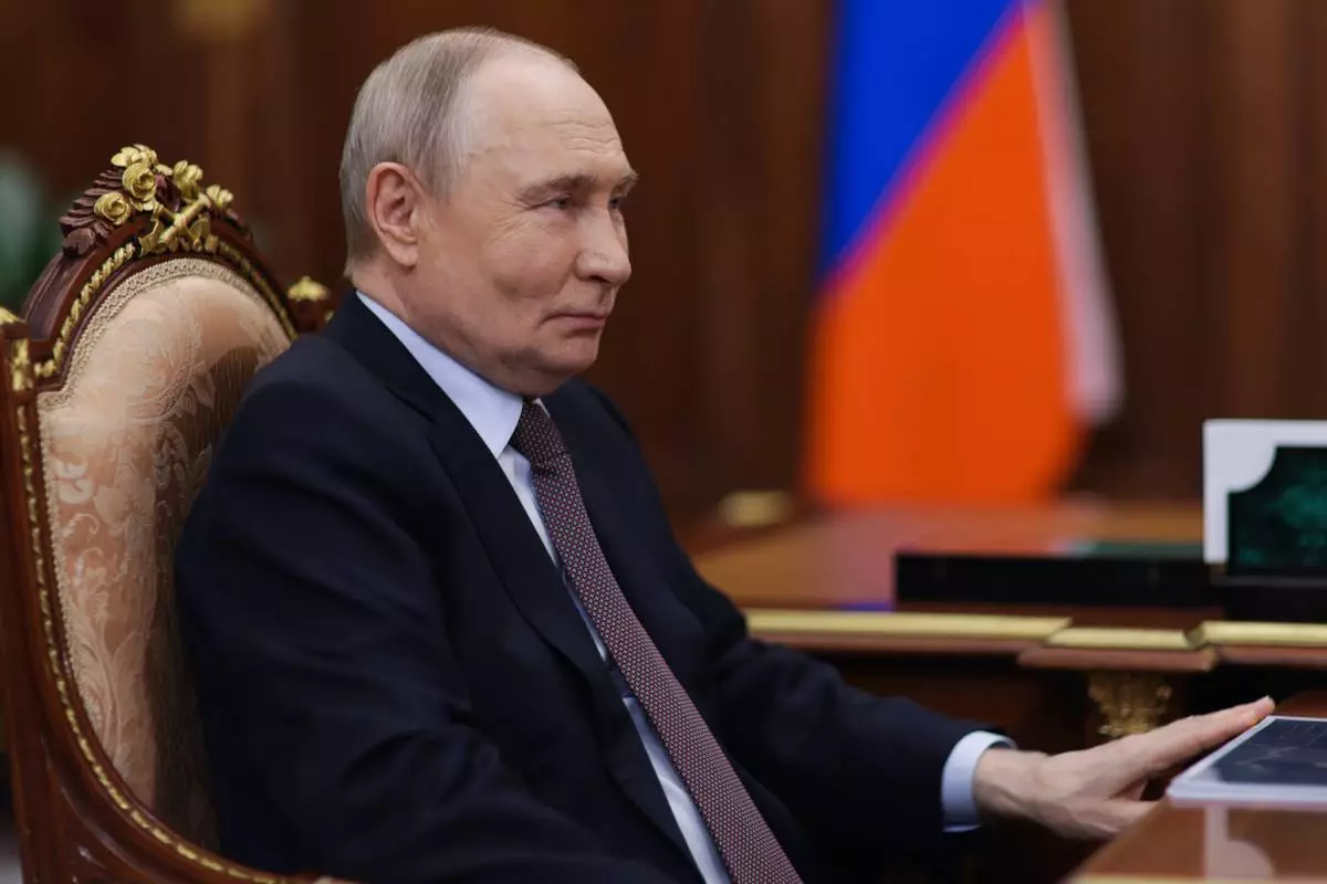 Russian President Vladimir Putin attends a meeting with Nizhny Novgorod Region Governor Gleb Nikitin at the Kremlin, in , Russia, Friday, March 6, 2026. (Gavriil Grigorov, Sputnik, Kremlin Pool Photo via AP)