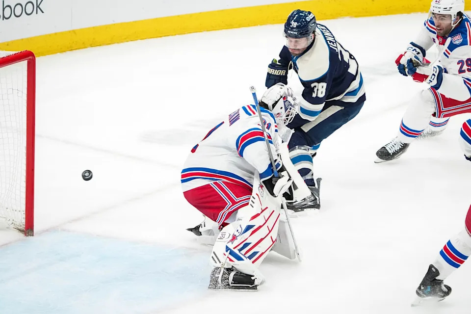 Blue Jackets center Boone Jenner scores past Rangers goaltender Igor Shesterkin on March 19.