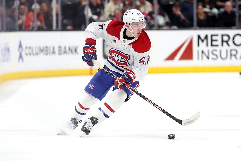 Lane Hutson #48 of the Montréal Canadiens controls the puck during the second period of a game against the Anaheim Ducks at Honda Center on March 06, 2026 in Anaheim, California.
