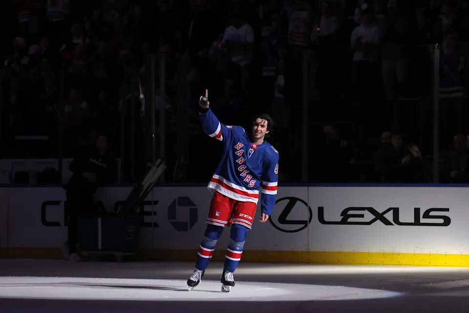 Mar 27, 2026; New York, New York, USA; New York Rangers defenseman Drew Fortescue (45) reacts after being named third star of the game after defeating the Chicago Blackhawks at Madison Square Garden. Mandatory Credit: Brad Penner-Imagn Images