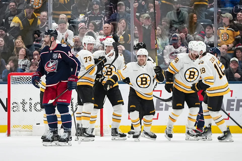 Boston Bruins center Pavel Zacha (18) celebrates scoring a goal in the final minute past Columbus Blue Jackets goaltender Jet Greaves (73) during the third period of the NHL hockey game at Nationwide Arena on March 29, 2026. The Blue Jackets lost 4-3 in a shootout.