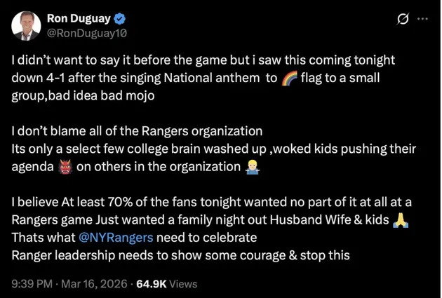 Ron Duguay eventually deleted this post, but a different one that also demeaned the team's outreach to LGBTQ+ fans remained up.