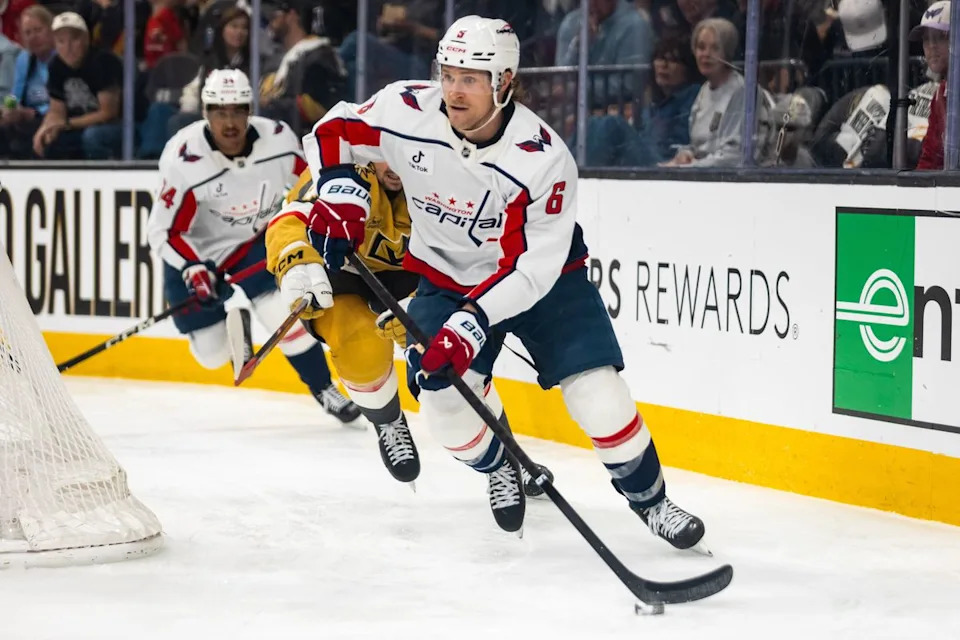 Washington Capitals defenseman Jacob Chychrun (6) skates the puck behind the net during a NHL game between the Vegas Golden Knights and the Washington Capitals, Saturday March 28, 2026 in Las Vegas, Nev.