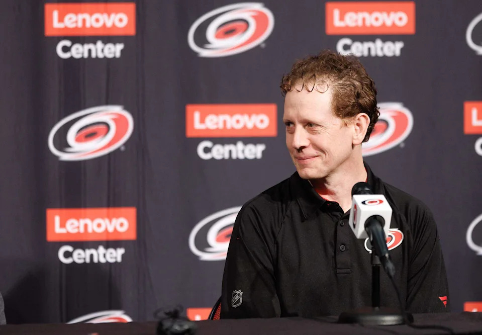 Carolina Hurricanes general manager Eric Tulsky smiles during a press conference on Tuesday, June 3, 2025, at Lenovo Center in Raleigh, N.C.