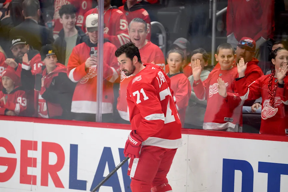 Detroit Red Wings captain Dylan Larkin takes part in pre-game warmup before the start of a game against the Ottawa Senators at Little Caesars Arena, in Detroit, March 24, 2026.