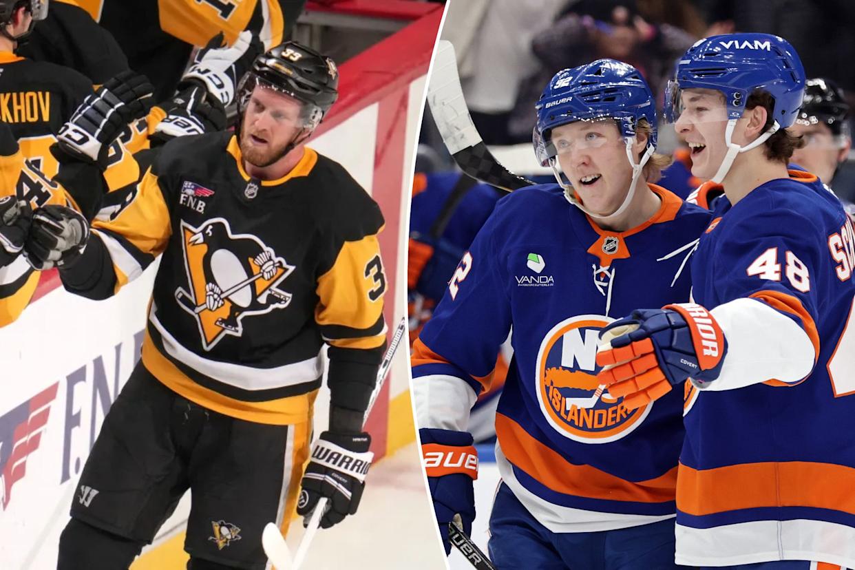 An image collage containing 2 images, Image 1 shows Anthony Mantha high-fives his teammates on the bench, Image 2 shows Simon Holmstrom (26) and Matthew Schaefer (48) of the New York Islanders celebrating on the ice