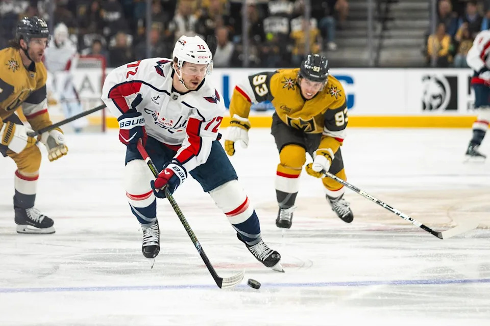 Washington Capitals right-wing Anthony Beauvillier (72) skates the puck up center ice during a NHL game between the Vegas Golden Knights and the Washington Capitals, Saturday March 28, 2026 in Las Vegas, Nev.