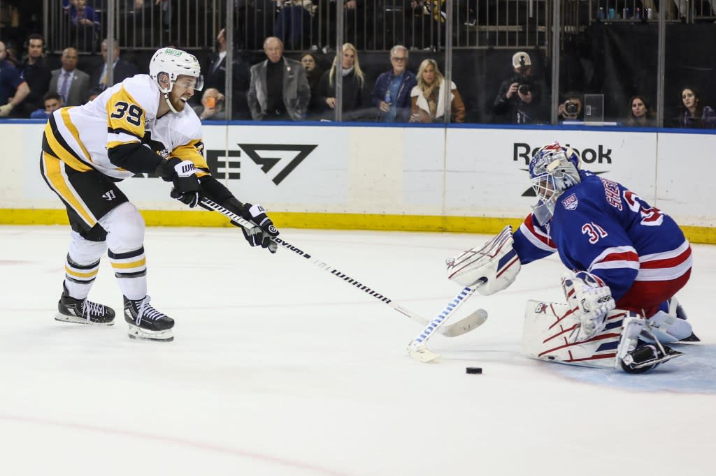 Igor Shesterkin makes a save during the Rangers’ shootout win Feb. 28. Imagn Images