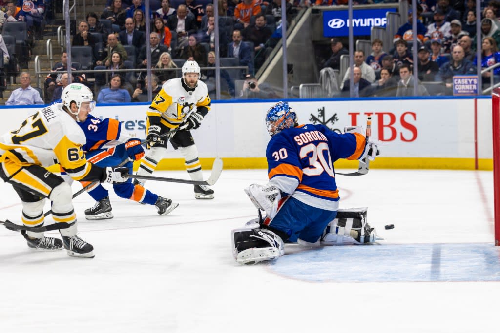 Rickard Rakell #67 of the Pittsburgh Penguins scores a goal pass goaltender Ilya Sorokin #30 of the New York Islanders during the second period at UBS Arena, Monday, March 30, 2026, in Elmont, NY. Corey Sipkin for the NY POST