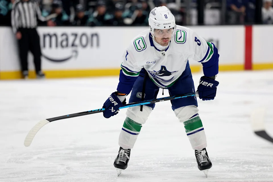 SEATTLE, WASHINGTON - FEBRUARY 28: Conor Garland #8 of the Vancouver Canucks skates against the Seattle Kraken during the third period at Climate Pledge Arena on February 28, 2026 in Seattle, Washington. (Photo by Steph Chambers/Getty Images)