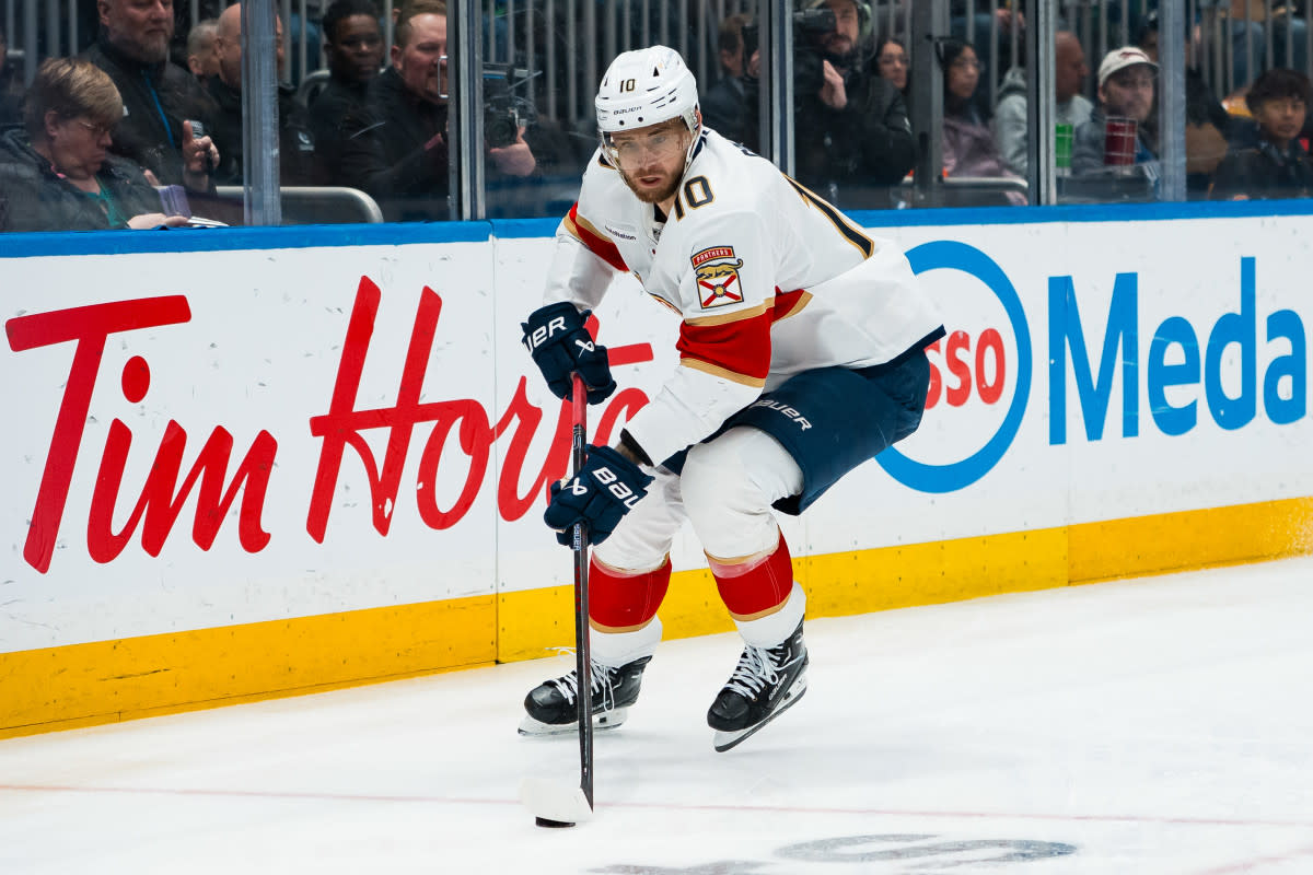 Florida Panthers forward A.J. Greer (10) handles the puck at Rogers Arena.Bob Frid-Imagn Images