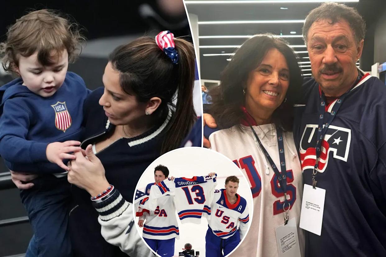 An image collage containing 3 images, Image 1 shows Johnny Gaudreau's wife, Meredith, holding son Johnny Jr. after Team USA's gold medal win on Feb. 22, 2026, Image 2 shows Johnny Gaudreau's parents, Jane and Guy, at the Olympics, Image 3 shows Auston Matthews (l.), Zach Werenski (c.) and Matthew Tkachuk (r.) carry Johnny Gaudreau's jersey after Team USA's gold-medal win over Canada on Feb. 22, 2026