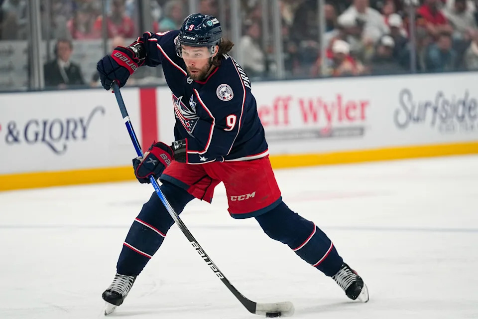 Columbus Blue Jackets defenseman Ivan Provorov (9) shoots the puck in the first period at Nationwide Arena on Thursday, March 5, 2026 in Columbus, Ohio.
