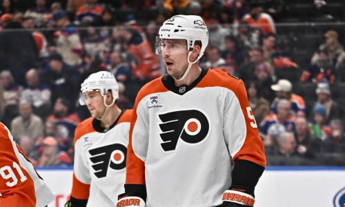 Jan 3, 2026; Edmonton, Alberta, CAN; Philadelphia Flyers defenseman Rasmus Ristolainen (55) is seen out on the ice as the Edmonton Oilers take on the Philadelphia Flyers during the first period at Rogers Place.