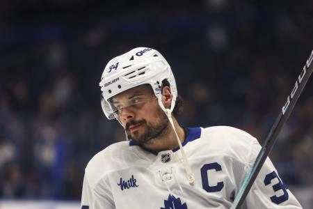Feb 25, 2026; Tampa, Florida, USA; Toronto Maple Leafs forward Auston Matthews (34) during warm ups before the game against the Tampa Bay Lightning at Benchmark International Arena