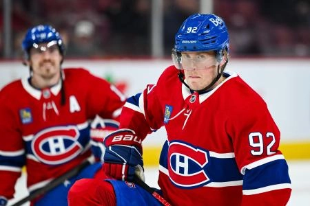 Feb 8, 2025; Montreal, Quebec, CAN; Montreal Canadiens right wing Patrik Laine (92) looks on during warm-up before the game against the New Jersey Devils at Bell Centre.