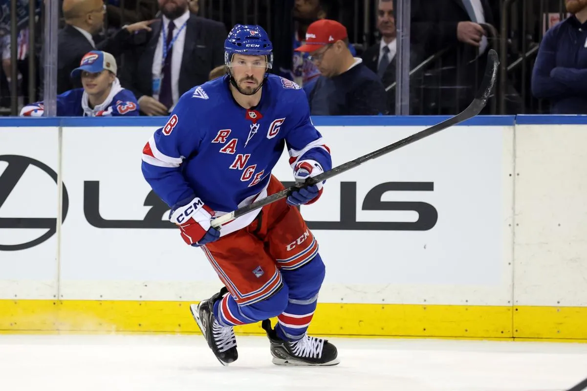 New York Rangers left wing J.T. Miller (8) skates against the Columbus Blue Jackets during overtime at Madison Square Garden.