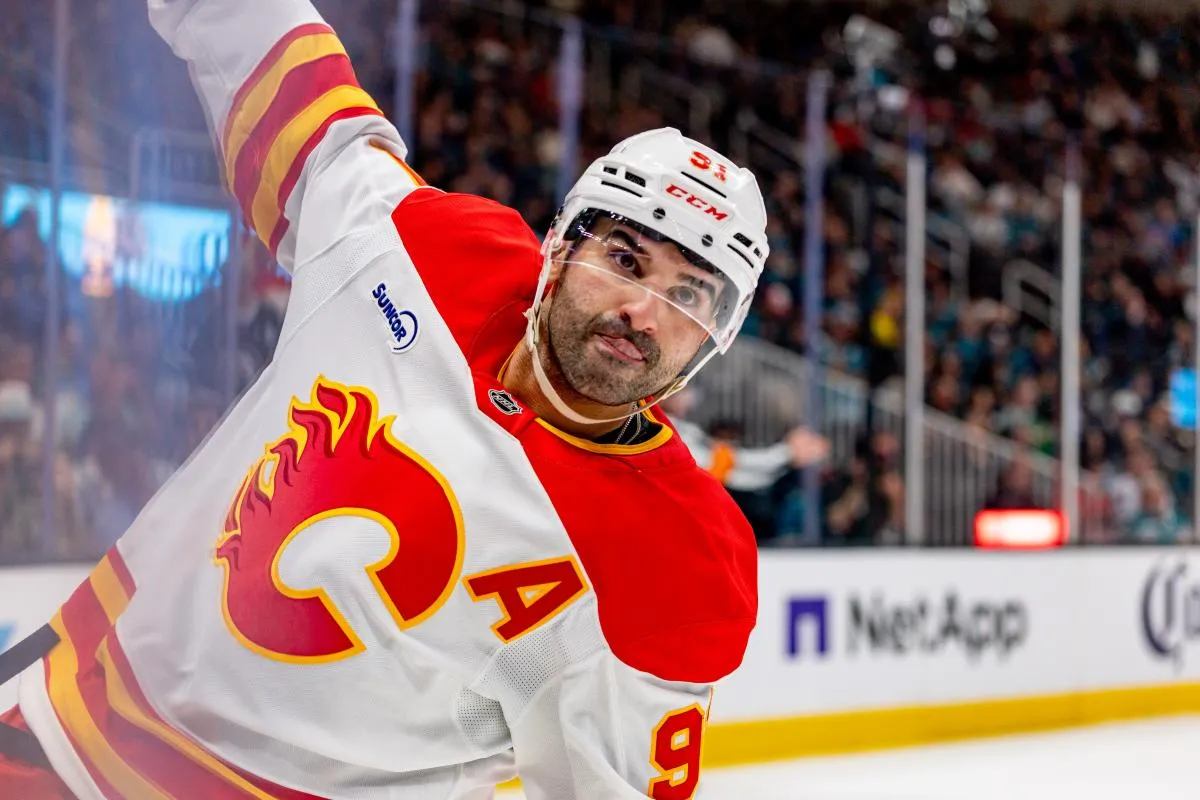 Calgary Flames center Nazem Kadri (91) celebrates his goal during the third period against the San Jose Sharks at SAP Center at San Jose.
