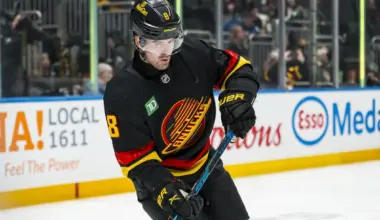 Vancouver Canucks forward Conor Garland (8) handles the puck in warm up prior to a game against the Dallas Stars at Rogers Arena.
