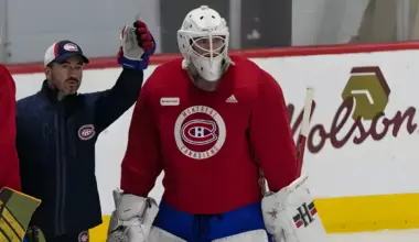 Photo of goalie Alexis Gravel and goaltending coach Marco Marciano.