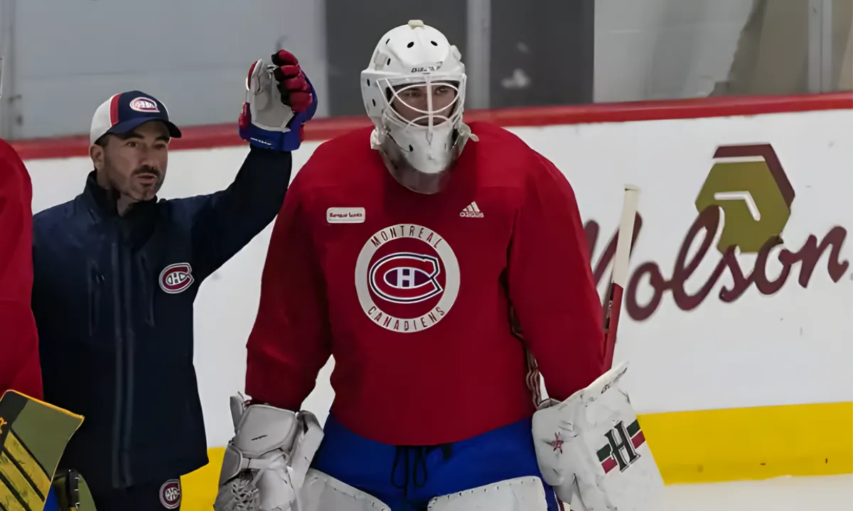 Photo of goalie Alexis Gravel and goaltending coach Marco Marciano.
