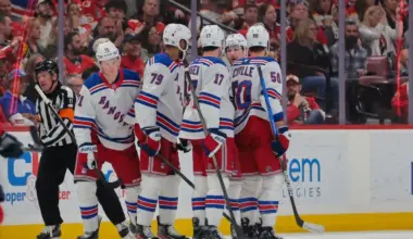 New York Rangers center Juuso Parssinen (71) celebrates with teammates after scoring against the Florida Panthers during the second period at Amerant Bank Arena.