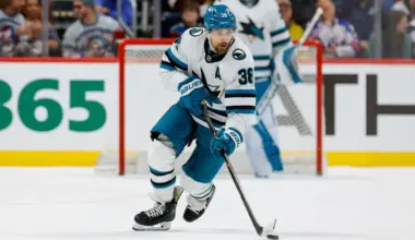 San Jose Sharks defenseman Mario Ferraro (38) controls the puck in the third period against the Colorado Avalanche at Ball Arena.