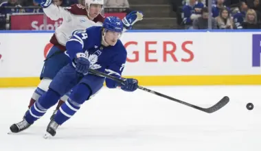 Toronto Maple Leafs forward Bobby McMann (74) passes the puck against the Colorado Avalanche during the second period at Scotiabank Arena.