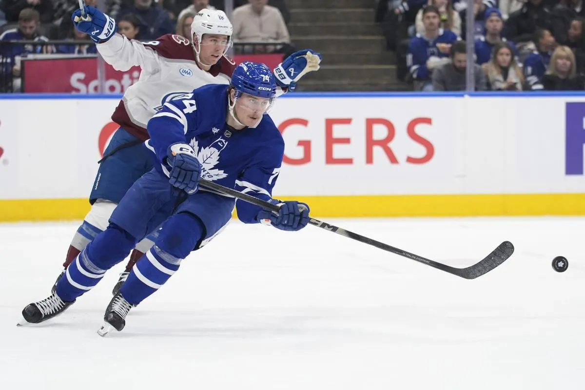 Toronto Maple Leafs forward Bobby McMann (74) passes the puck against the Colorado Avalanche during the second period at Scotiabank Arena.
