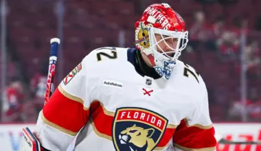 Florida Panthers Sergei Sergei Bobrovsky (72) looks on during warm-up before the game against the Montreal Canadiens at Bell Centre.