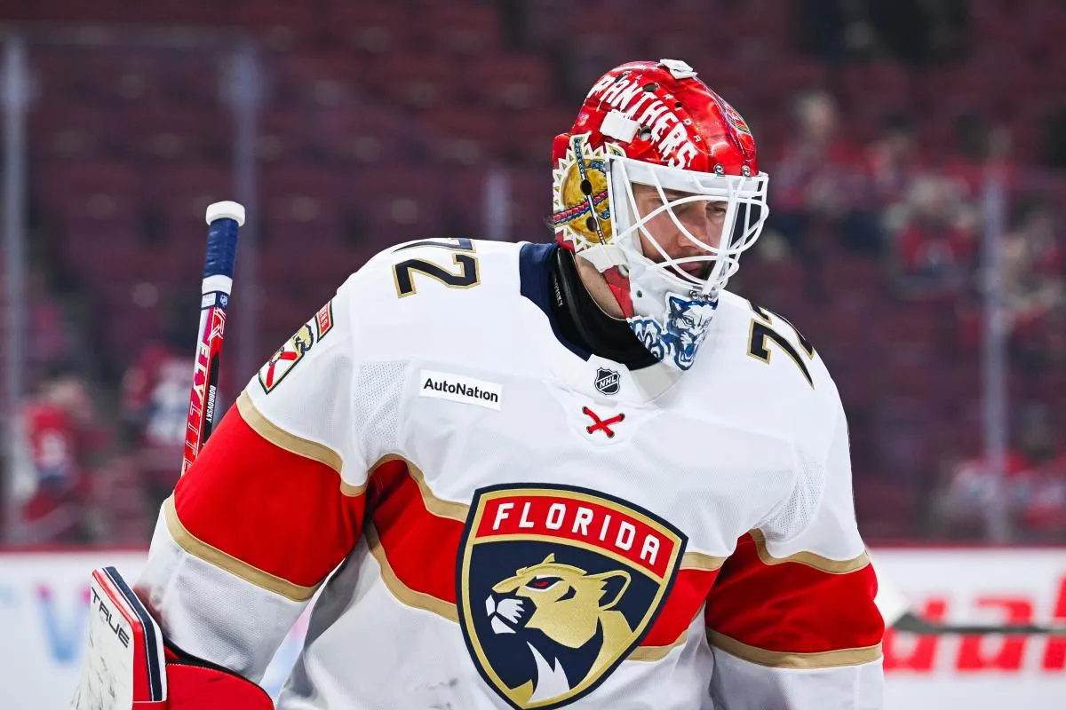 Florida Panthers Sergei Sergei Bobrovsky (72) looks on during warm-up before the game against the Montreal Canadiens at Bell Centre.