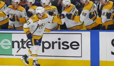 The Nashville Predators celebrate a goal scored by defensemen Nick Blankenburg (37) during the third period against the Edmonton Oilers at Rogers Place.