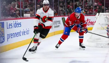 Ottawa Senators left wing David Perron (57) plays the puck against Montreal Canadiens left wing Alexandre Texier (85) during the third period at Bell Centre.