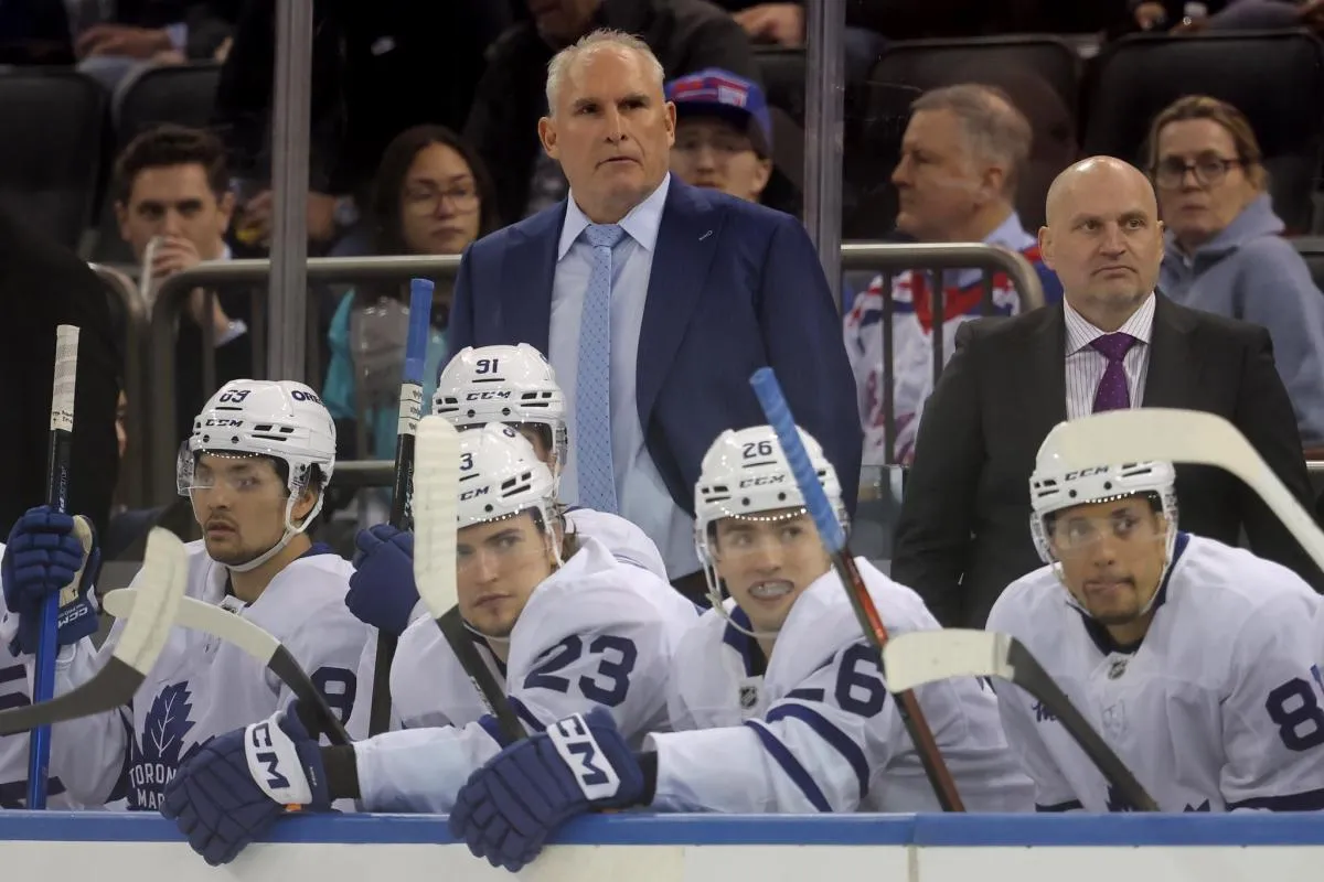 Toronto Maple Leafs head coach Craig Berube coaches against the New York Rangers during the first period at Madison Square Garden