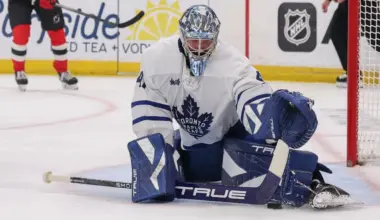 Toronto Maple Leafs goaltender Anthony Stolarz (41) makes a save against the New Jersey Devils during the second period at Prudential Center.