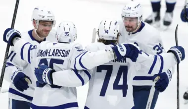 Toronto Maple Leafs center Bobby McMann (74) celebrates his goal against the Winnipeg Jets in the third period at Canada Life Centre.